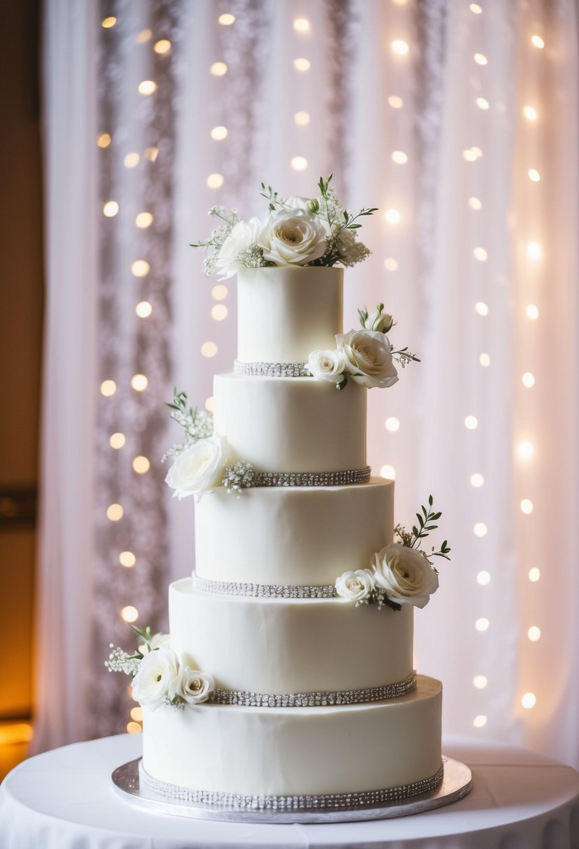 A tall, frosted white wedding cake adorned with delicate white flowers and elegant silver accents, set against a backdrop of white lace and twinkling lights