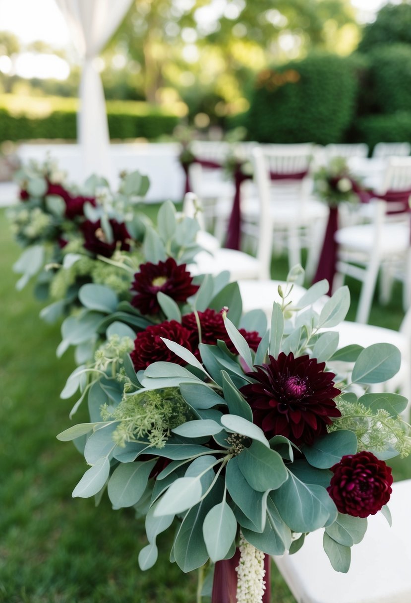 A lush, outdoor wedding setting with sage green foliage, accented by deep burgundy flowers and decor