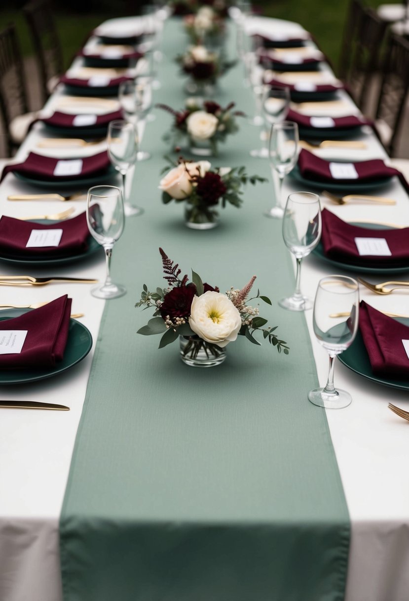 Sage green runners lay across a table, adorned with deep burgundy napkins and delicate floral accents