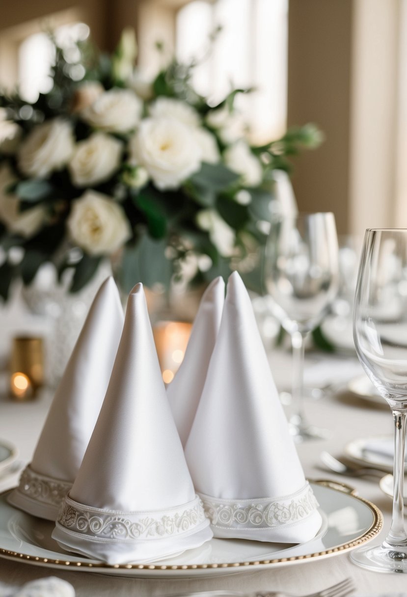 White satin napkins folded into intricate designs on a beautifully set wedding table