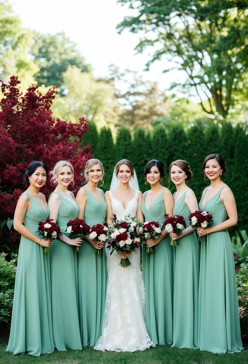 Sage green bridesmaid dresses in a garden with burgundy flowers and decor