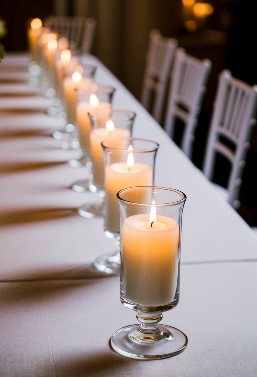 A row of white glass candle holders on a table, casting a soft glow in an elegant wedding setting