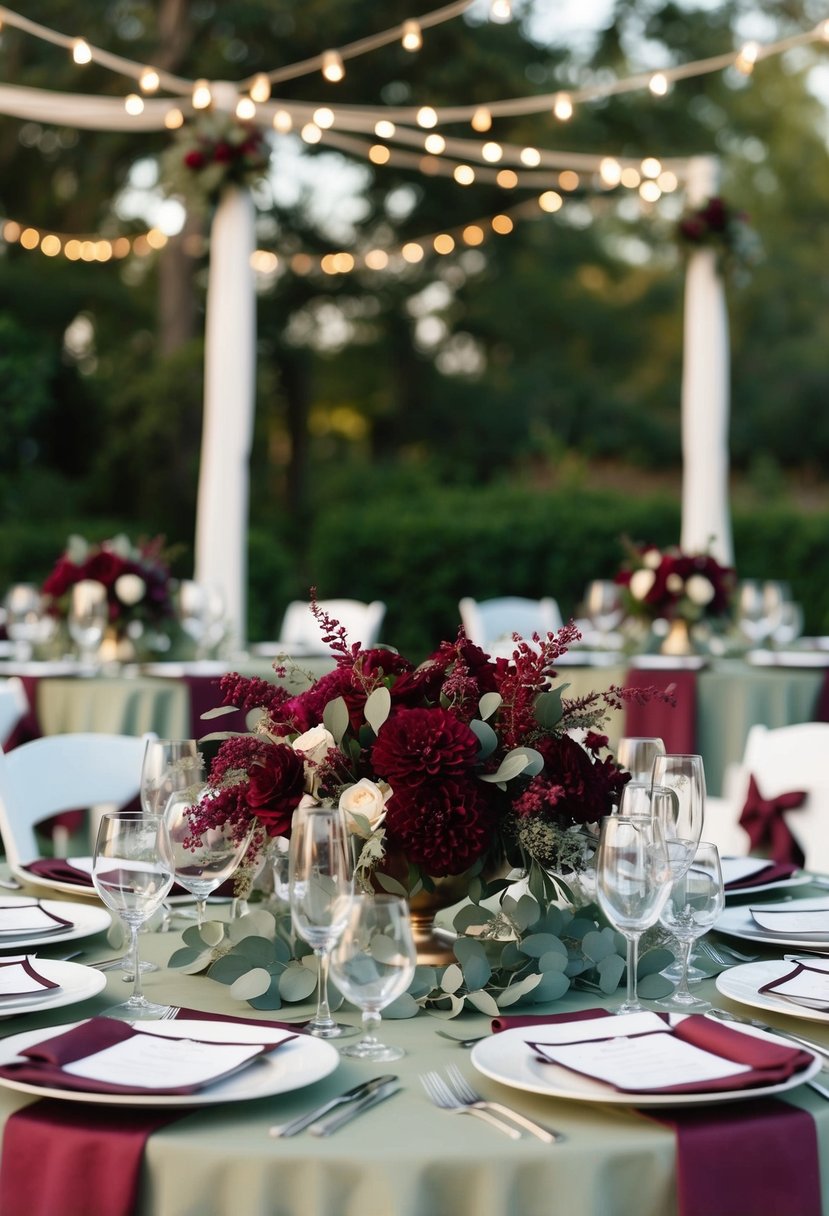 A table set with burgundy floral centerpieces surrounded by sage green and burgundy wedding decor