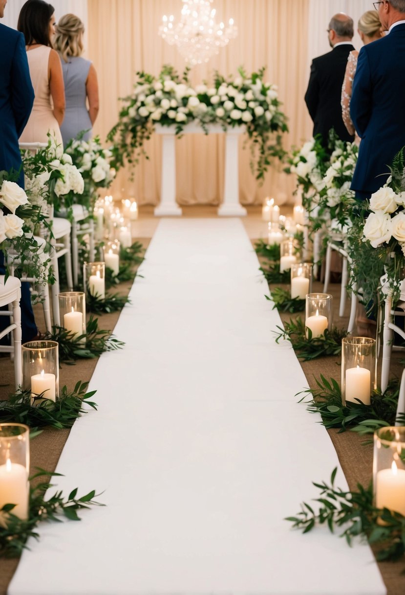 A long white aisle runner leading to an elegant wedding altar with white floral arrangements and soft candlelight