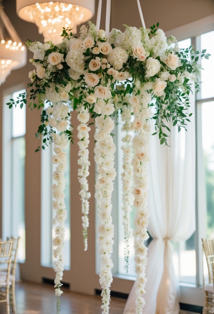 A white floral hanging backdrop with elegant decor for a wedding