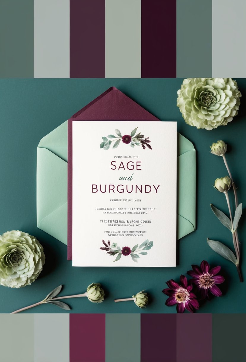 A sage and burgundy invitation suite displayed against a sage green and burgundy wedding color palette