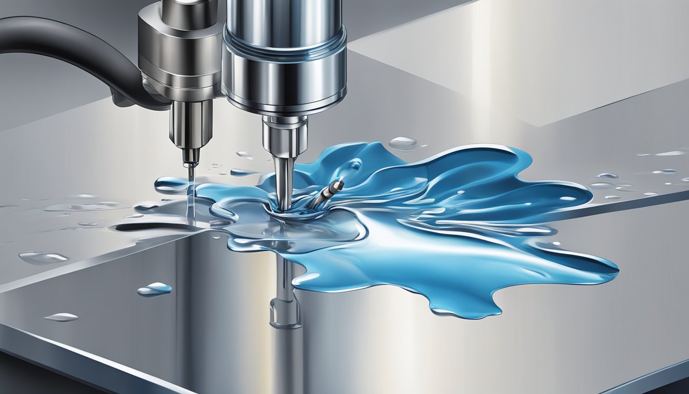 A carbide cutting tool being cooled by a stream of liquid coolant as it works on a metal surface