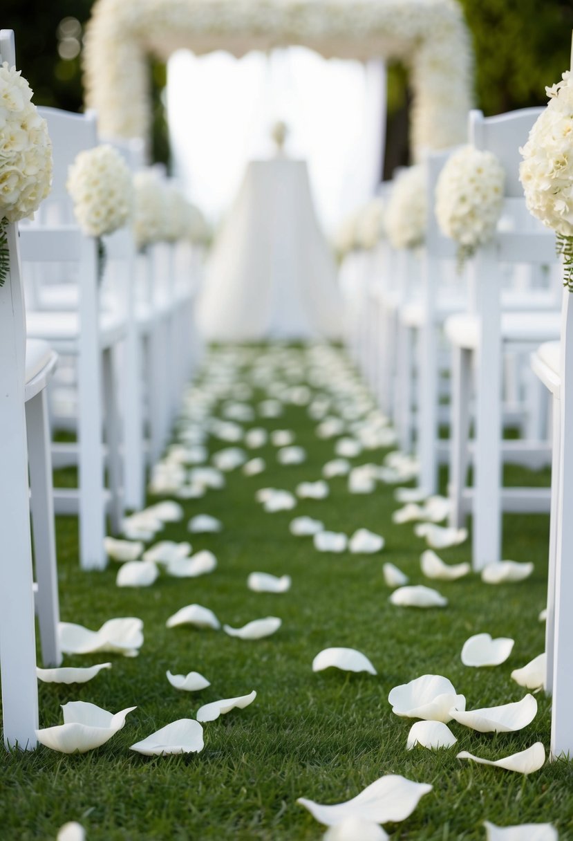 White petals cover the aisle in an elegant white wedding setting