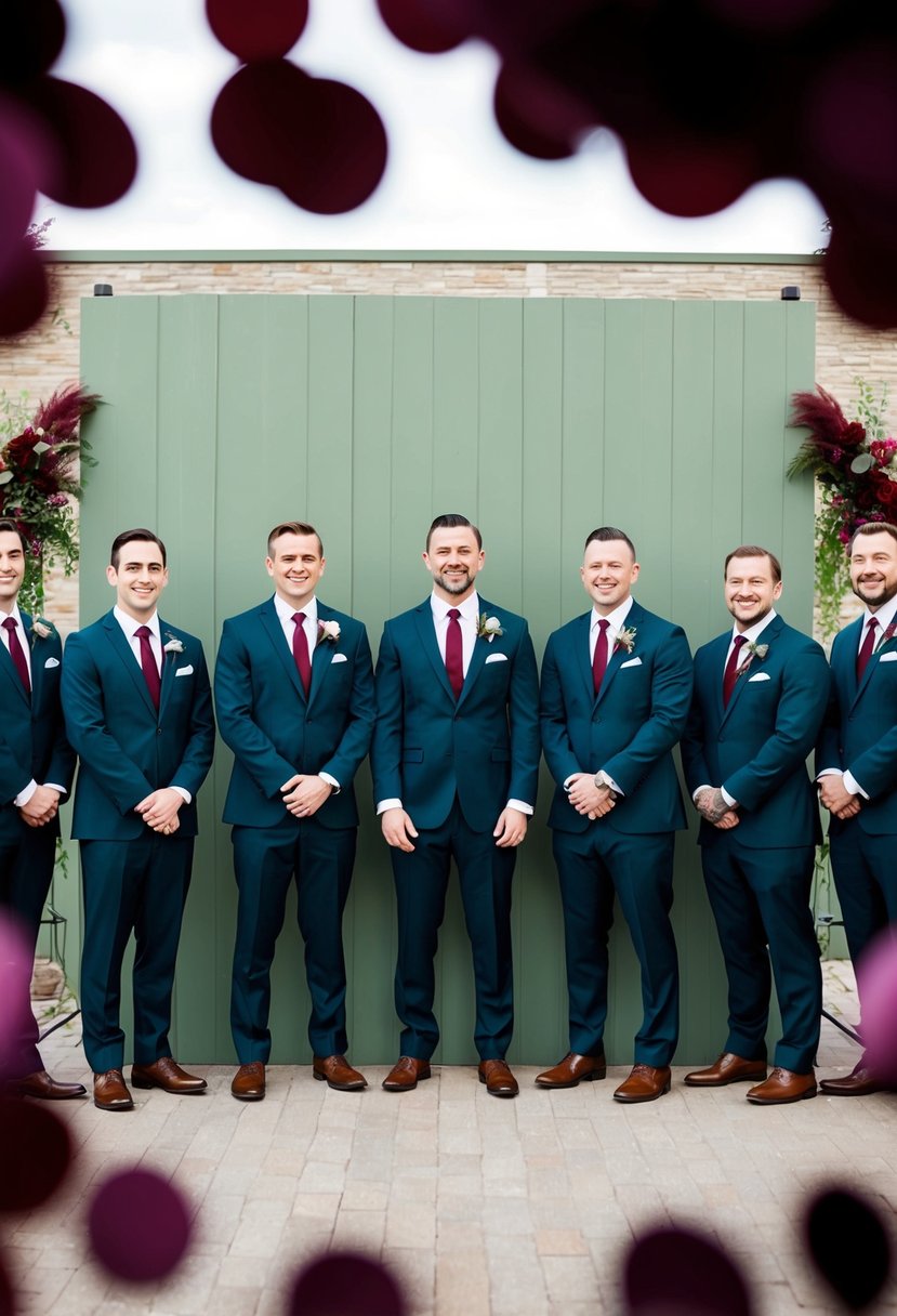 A group of groomsmen wearing burgundy ties stand against a sage green backdrop, surrounded by accents of burgundy in the wedding decor