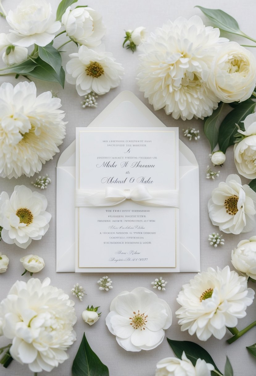 A pristine white wedding invitation surrounded by delicate white flowers and elegant white decor