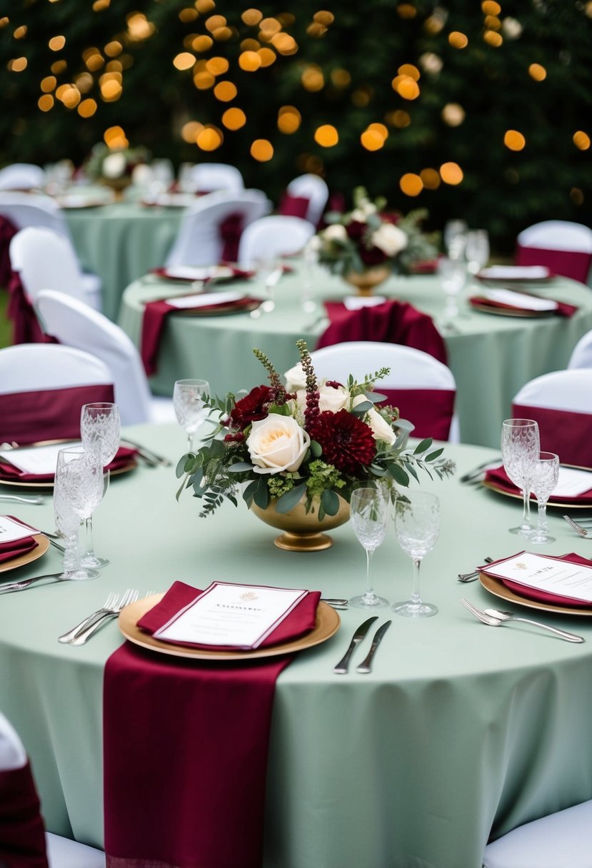 Sage green tablecloths adorned with burgundy napkins and floral arrangements