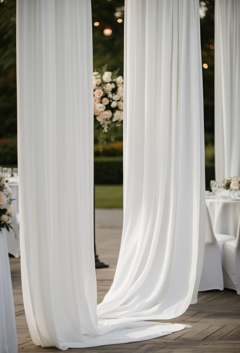 A flowing white drapery cascades elegantly in a wedding setting, creating a sense of romance and sophistication