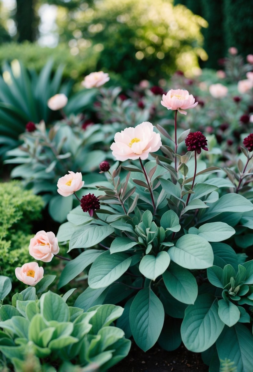 A lush garden with sage green foliage and blush pink and burgundy flowers