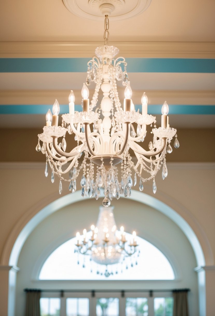 A white chandelier hangs above an elegant white wedding decor