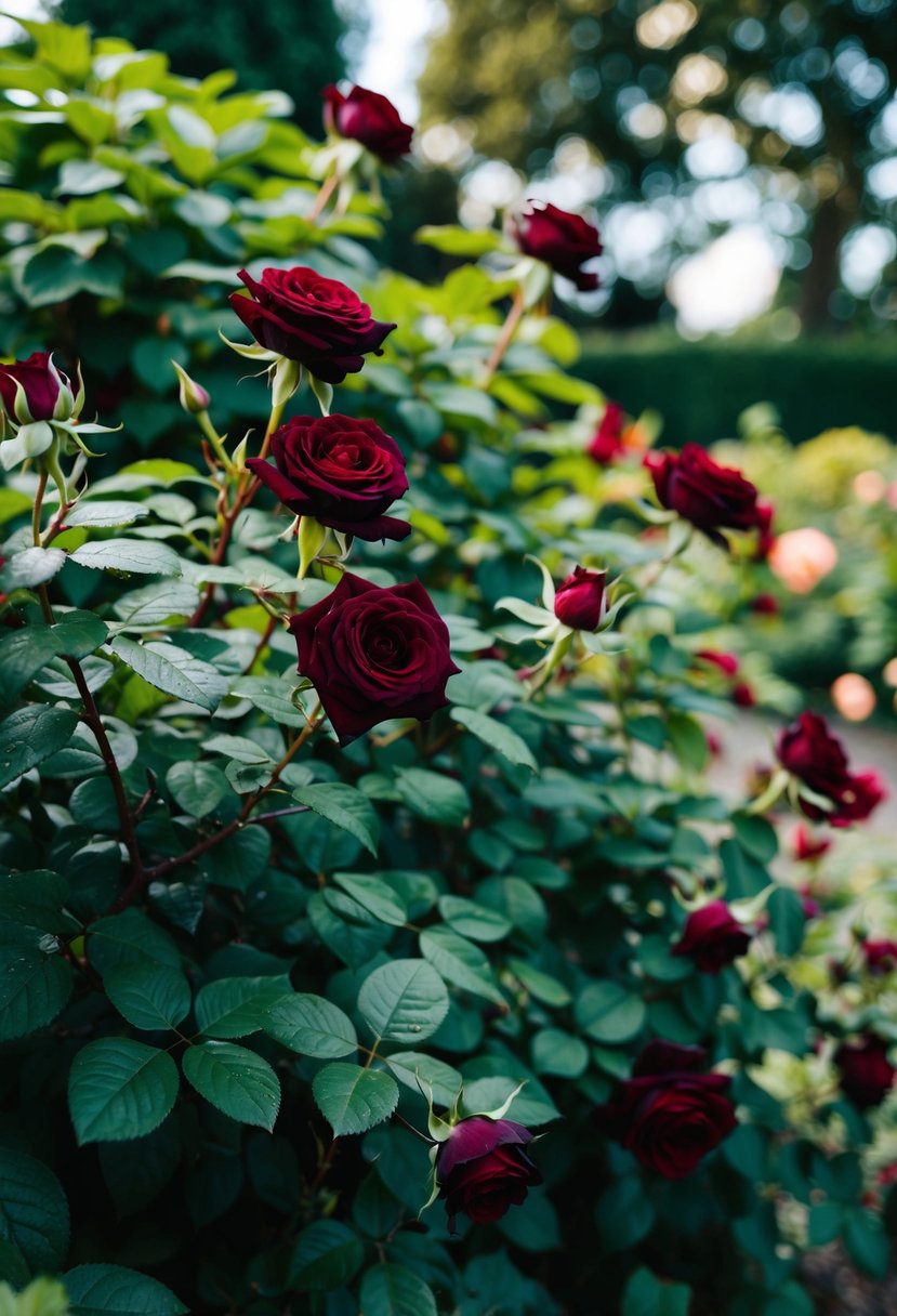 A lush garden with deep green foliage and burgundy roses scattered throughout