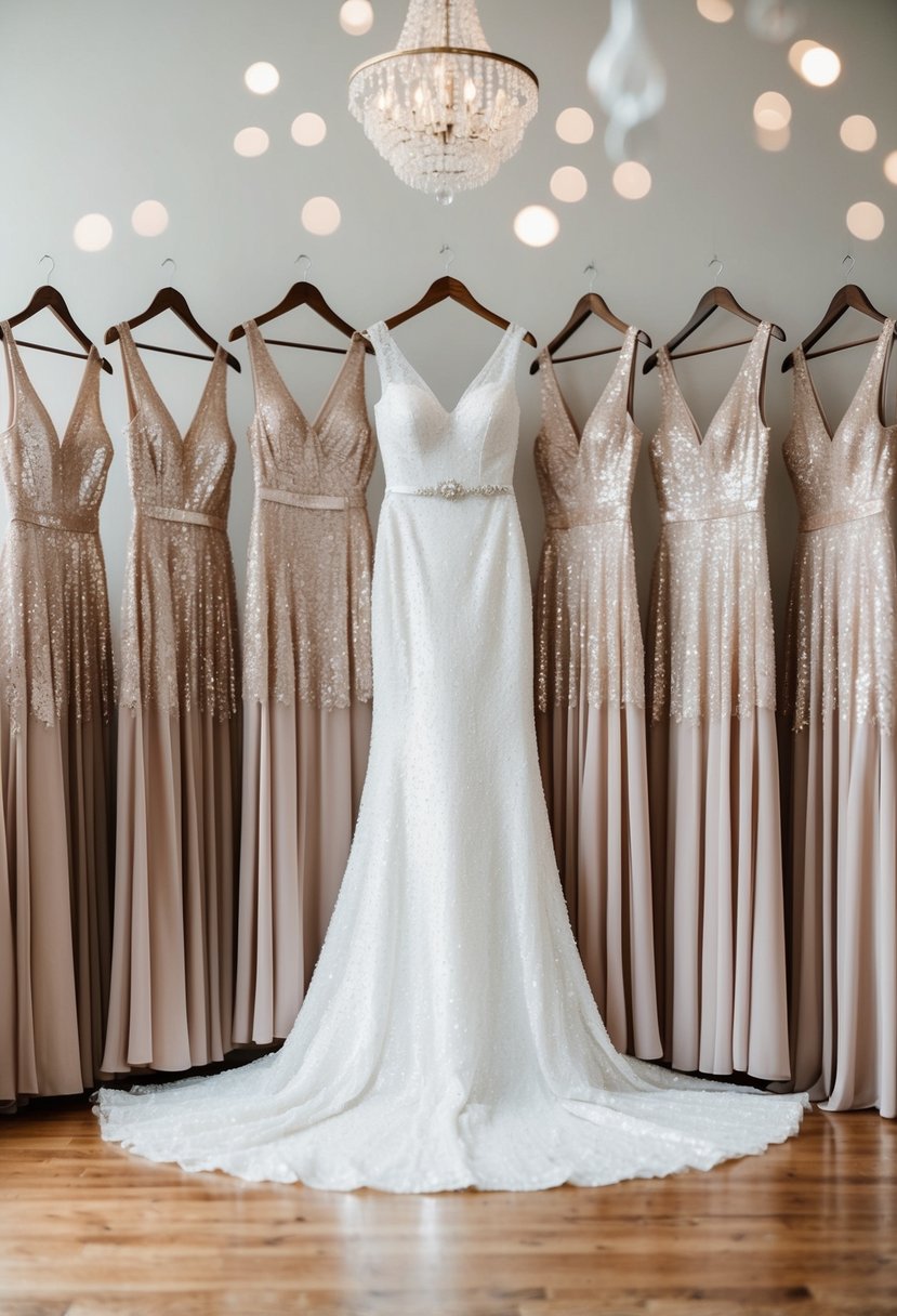 A group of white sequined bridesmaid dresses arranged elegantly in a wedding setting