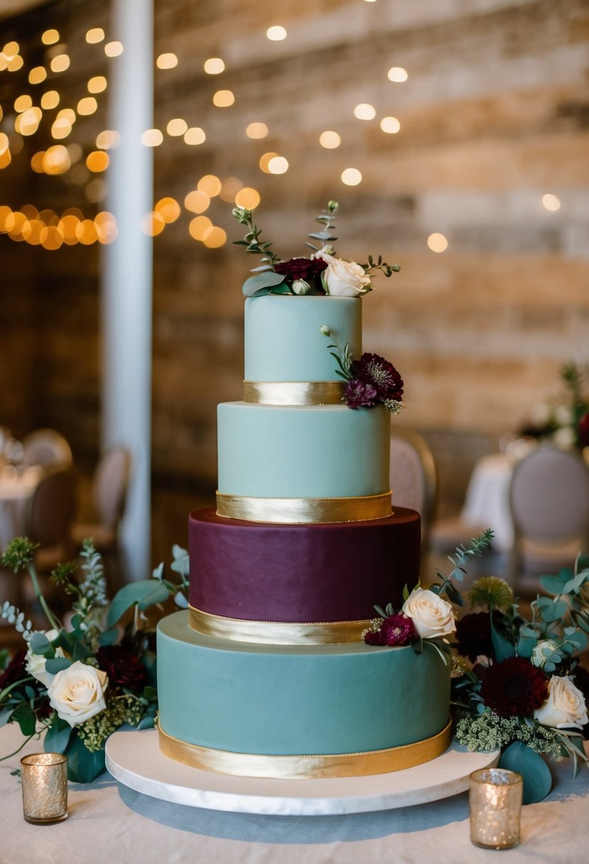 A three-tiered wedding cake in sage and burgundy with gold accents, surrounded by matching floral arrangements and decor