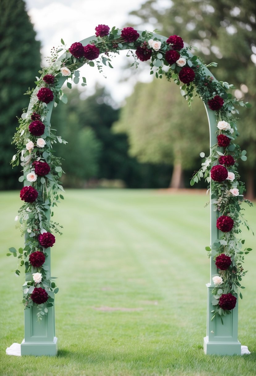 A sage green arch adorned with burgundy flowers in a wedding setting