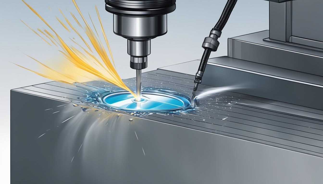 A carbide cutting tool in operation with a steady stream of coolant spraying onto the workpiece