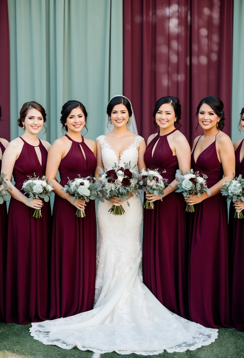 Burgundy bridesmaid dresses holding sage bouquets against a burgundy and sage green wedding backdrop