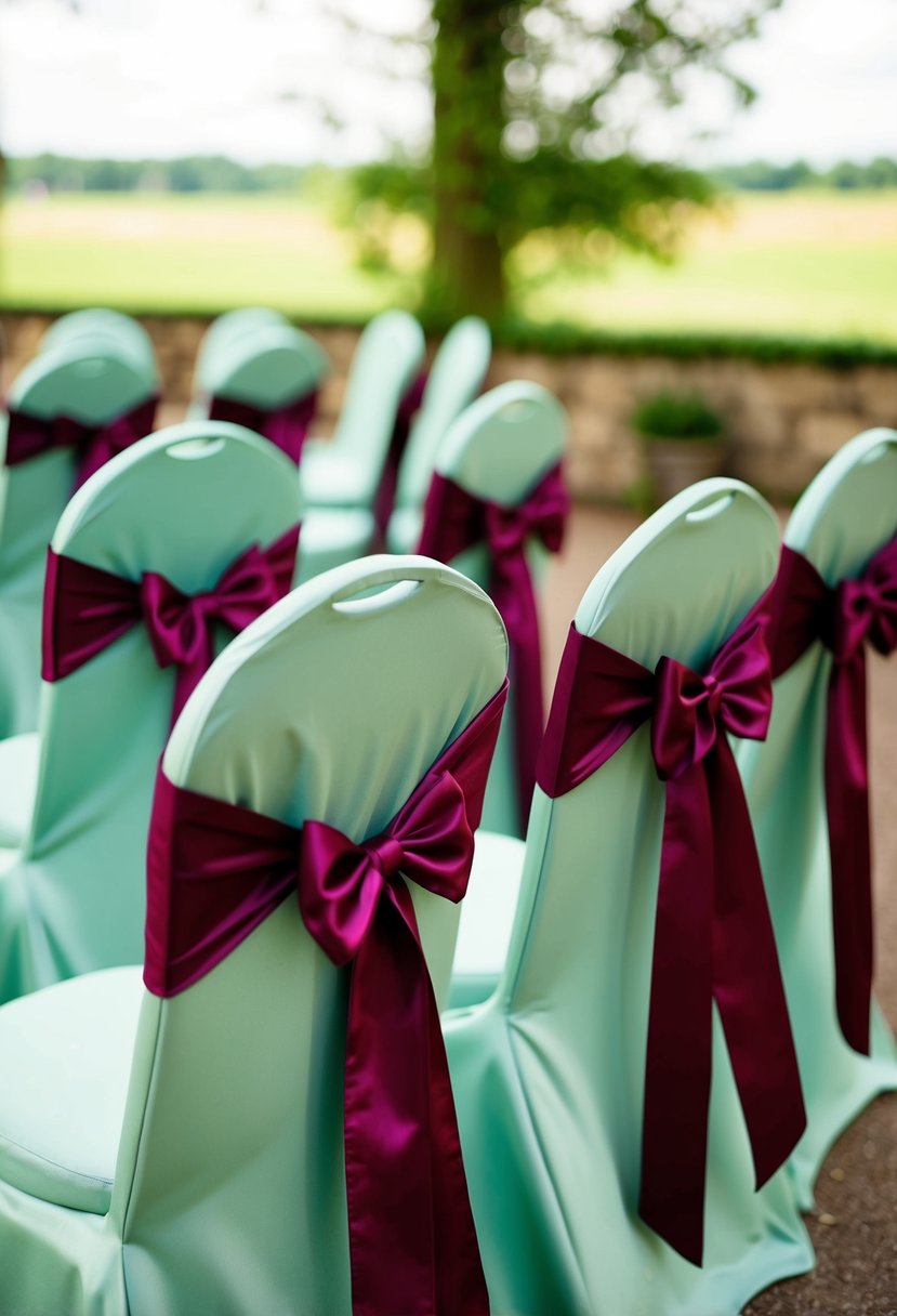 Sage green chair sashes tied with burgundy ribbons in a wedding setting