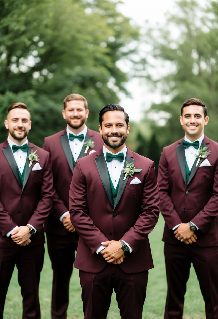 A groom and groomsmen in burgundy suits with sage green boutonnieres