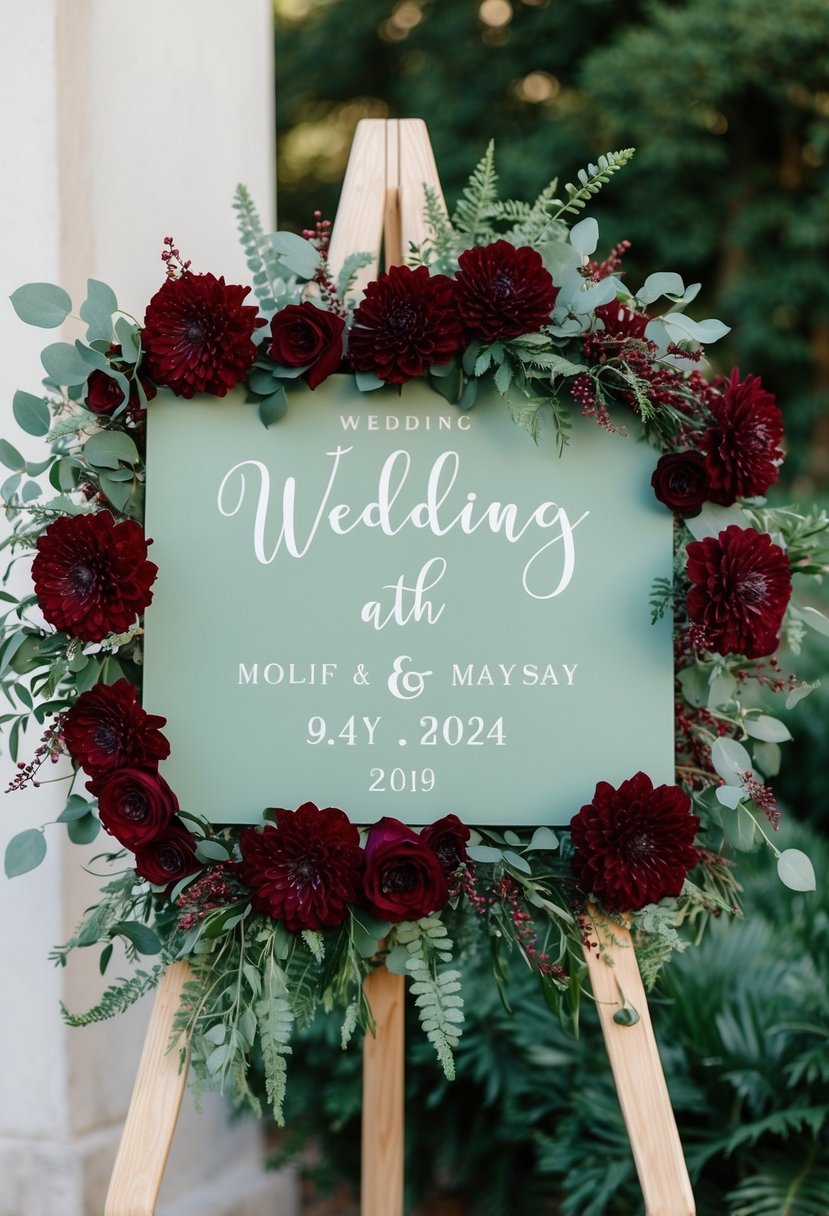 A sage green wedding sign surrounded by lush burgundy flowers and foliage