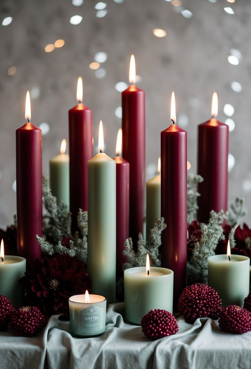 Burgundy and sage candles arranged in a centerpiece with sage green and burgundy decor accents