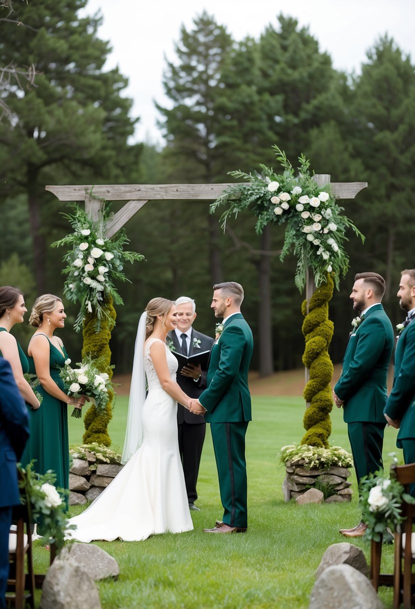 An outdoor wedding ceremony with army green foliage, moss-covered stones, and a rustic wooden arch adorned with greenery and flowers