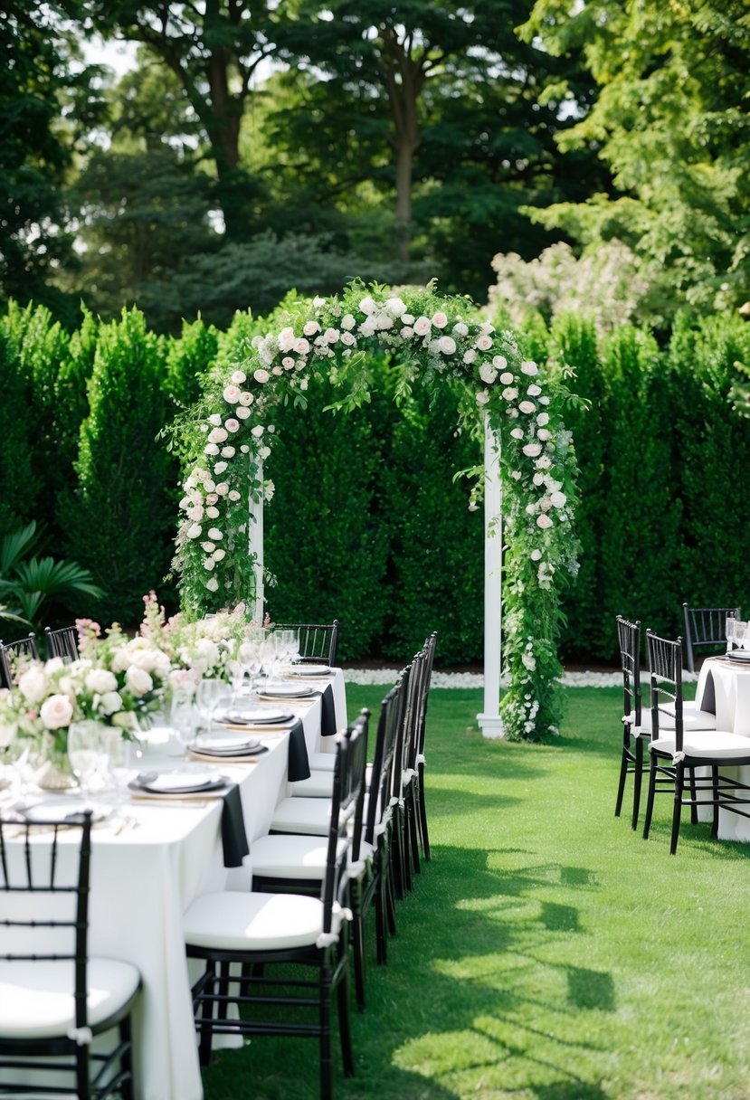 A lush green garden with black and white accents, featuring a floral arch and elegant table settings for a wedding