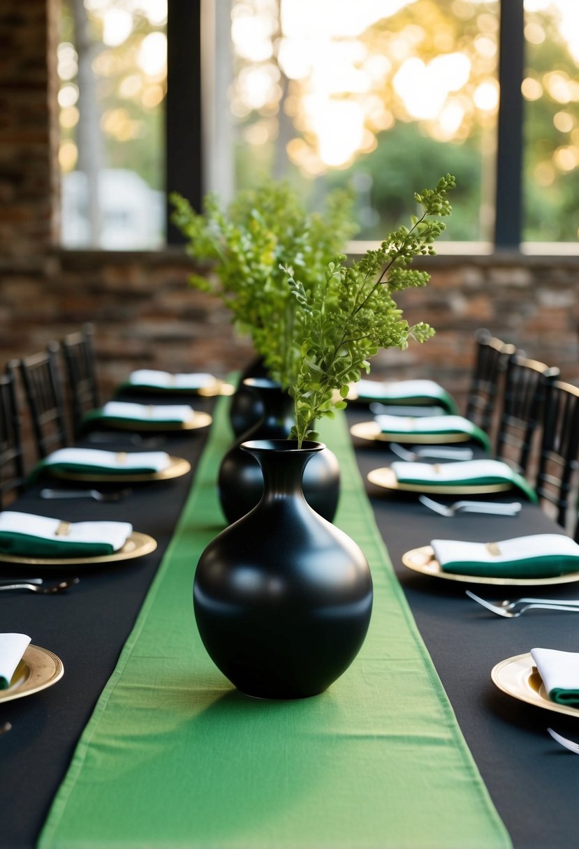 Hunter green table runners with black vases as centerpieces