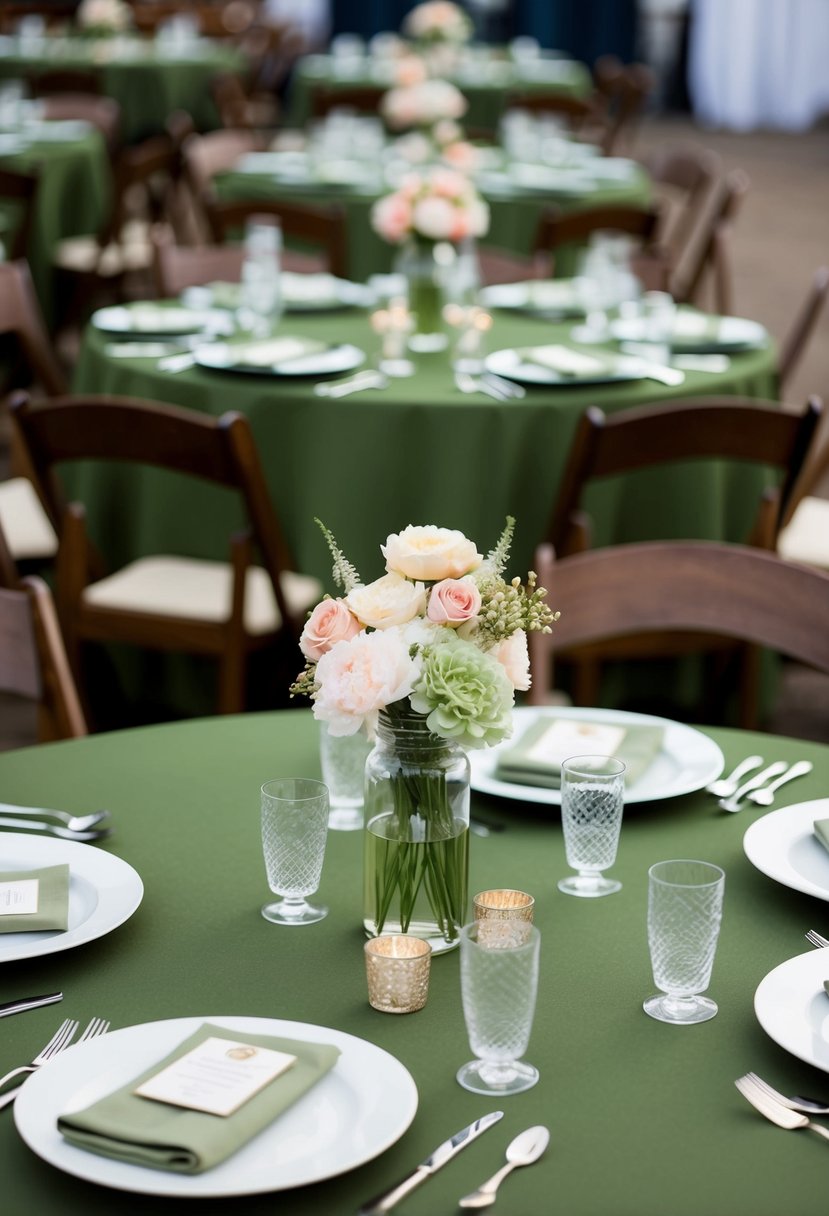 Army green tablecloths with soft pastel flower centerpieces