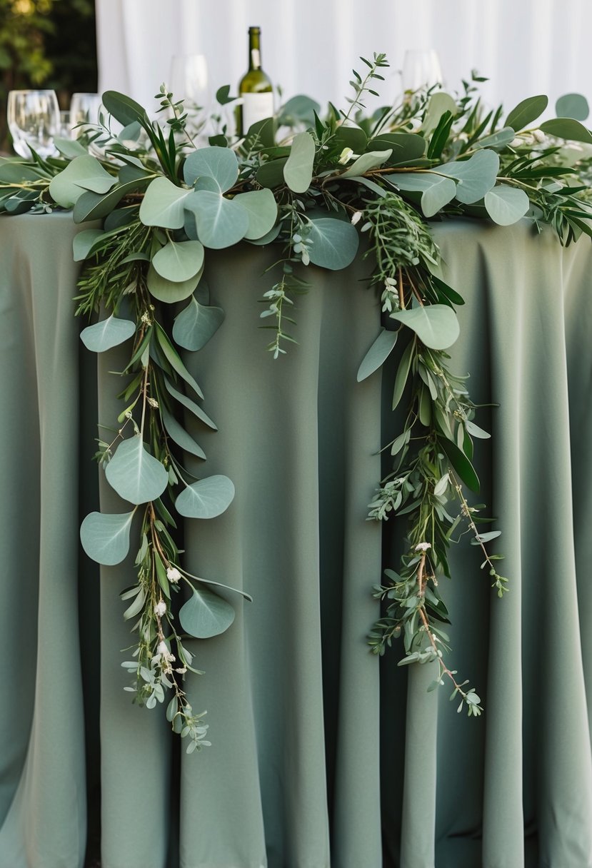 A lush eucalyptus garland drapes over an army green wedding table, adding rich texture and natural elegance to the setting