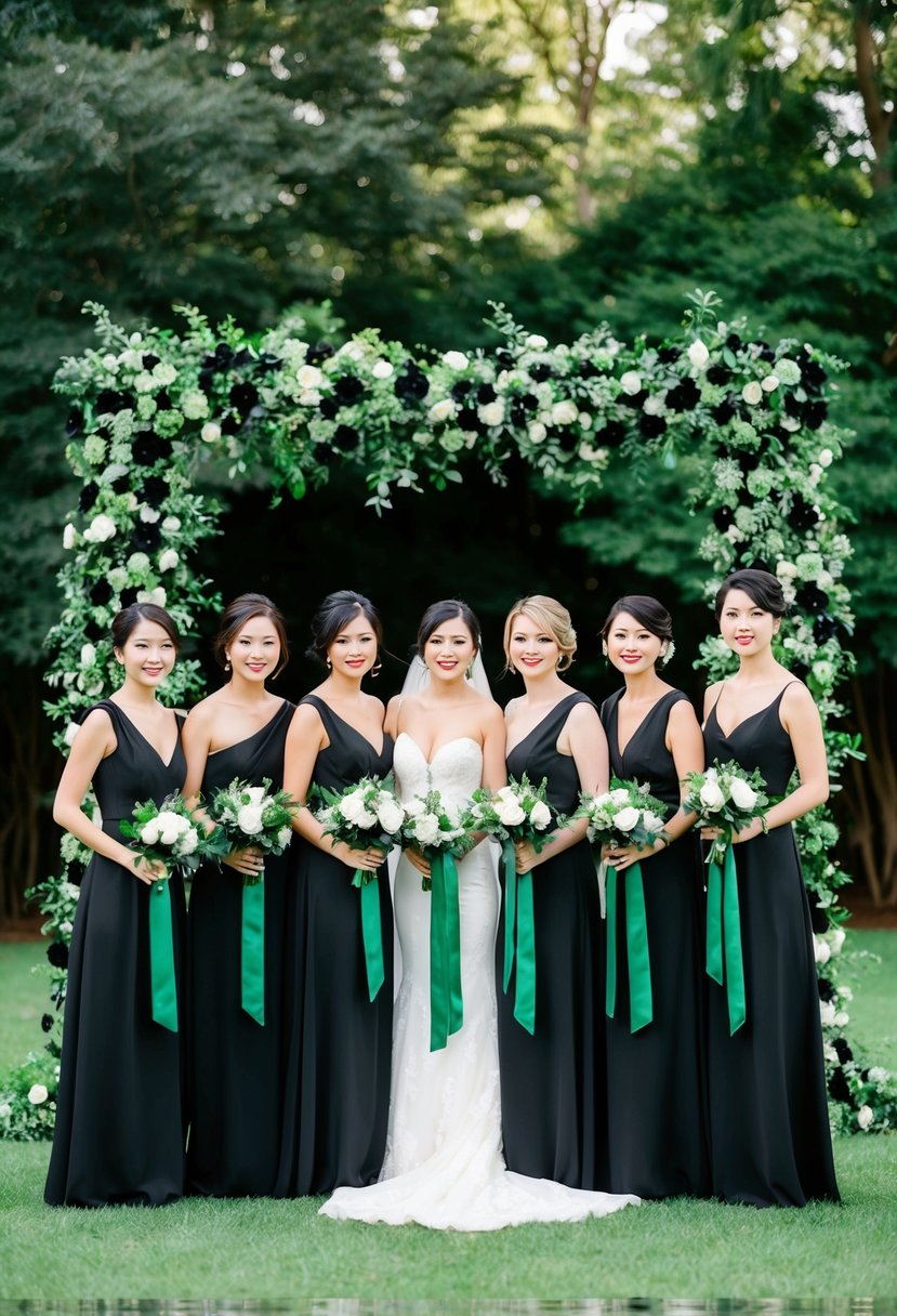 Black bridesmaid dresses with green sashes and bouquets, set against a backdrop of lush greenery and black and green floral decorations