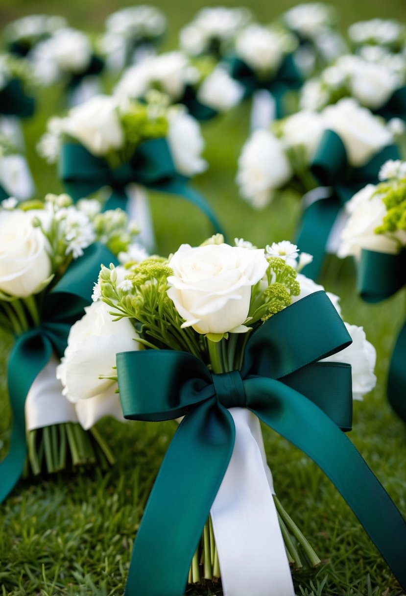 Army green ribbons woven into bouquets of white flowers for a military-inspired wedding