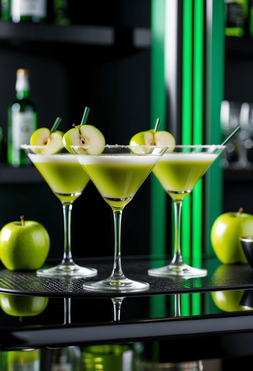 Green apple martinis displayed on a sleek black bar, surrounded by green and black decor