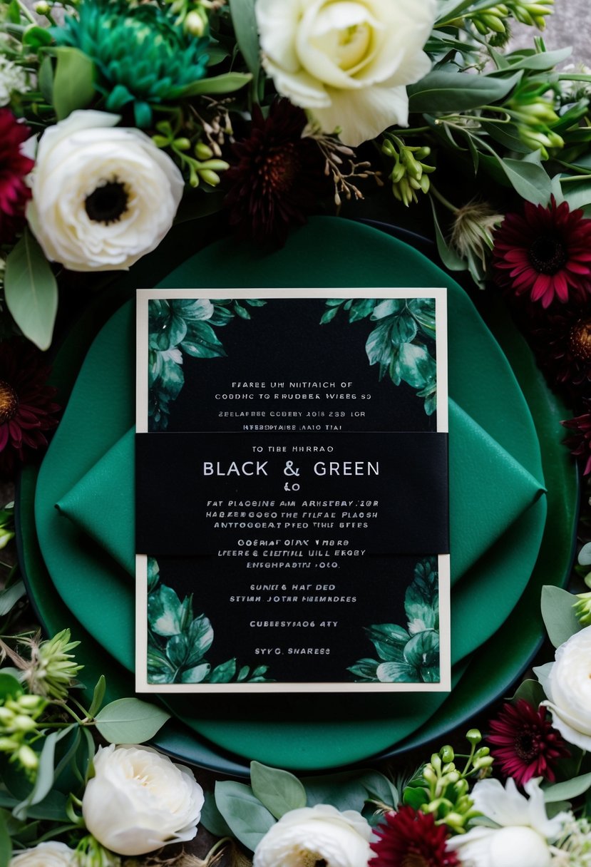 A black and green wedding invitation surrounded by coordinating floral arrangements and decor