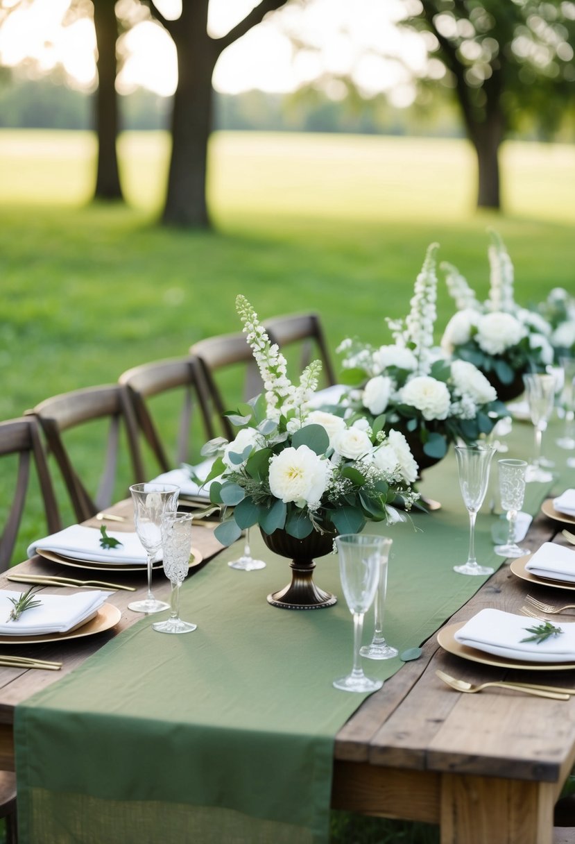 An army green tablecloth with white floral centerpieces and napkins on a rustic wooden table