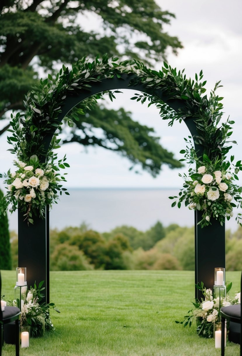 A dark green and black wedding arch adorned with lush greenery and black accents