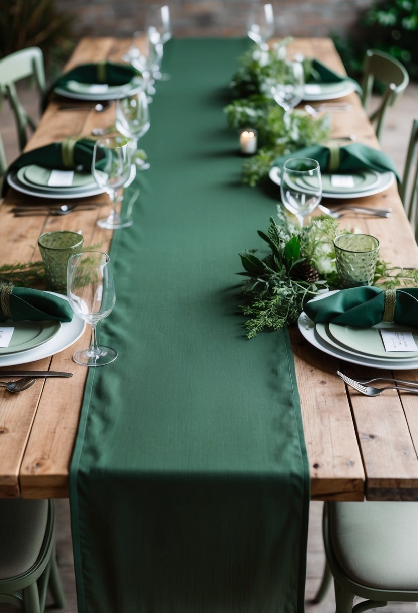 Army green table runners lay across a rustic wooden table, surrounded by earthy greenery and complemented by muted green wedding decor