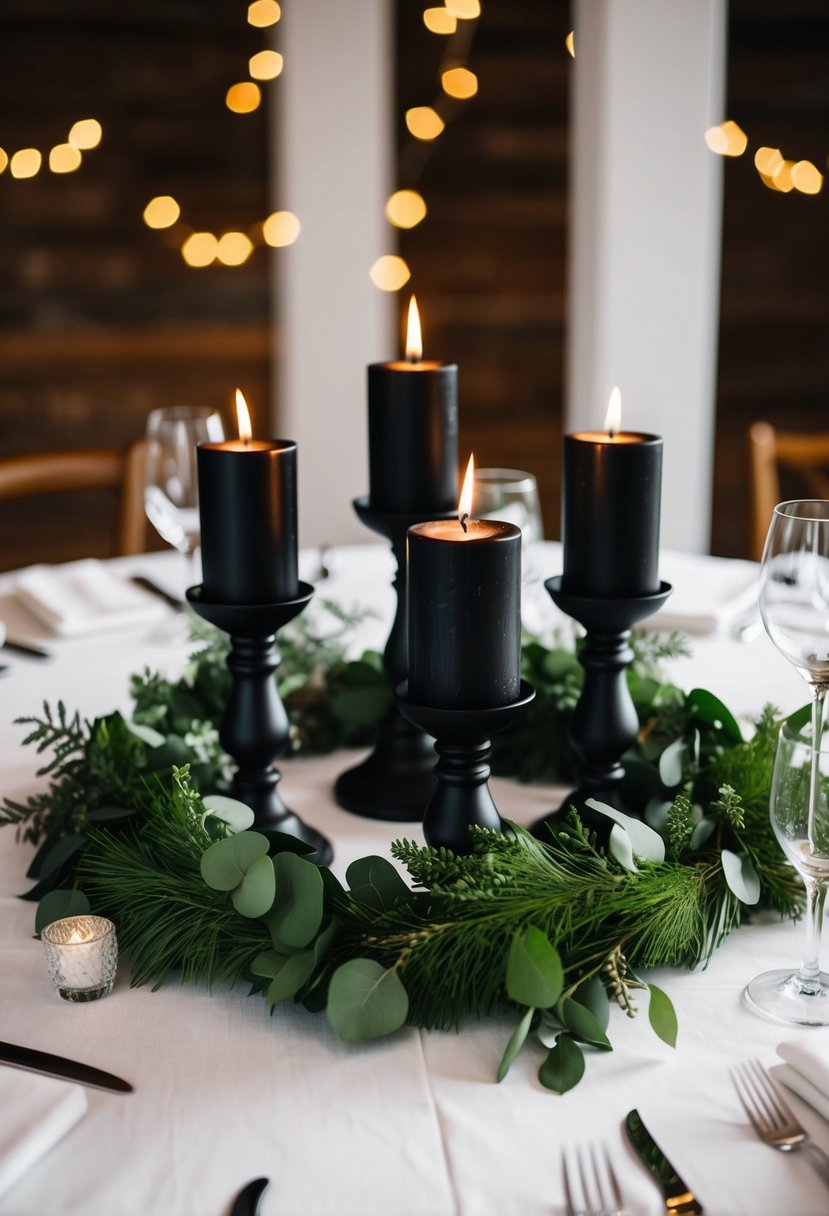 Greenery garlands draped around black candle holders on a wedding table