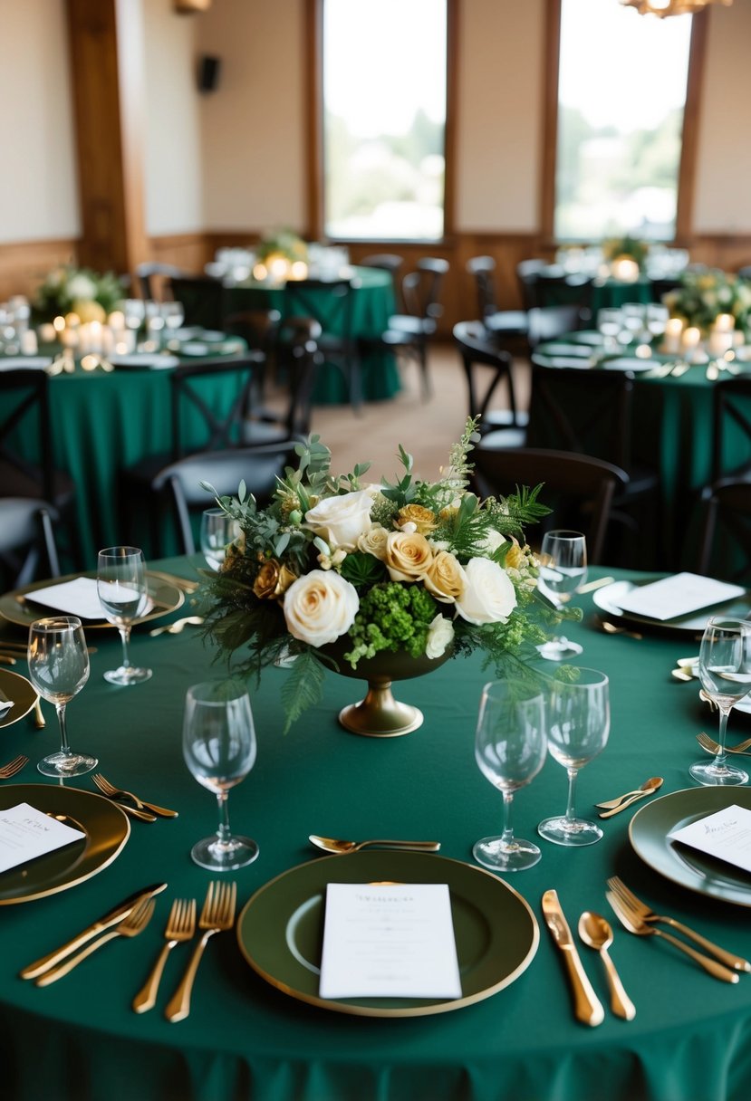 An army green and gold wedding palette with elegant floral arrangements and table settings