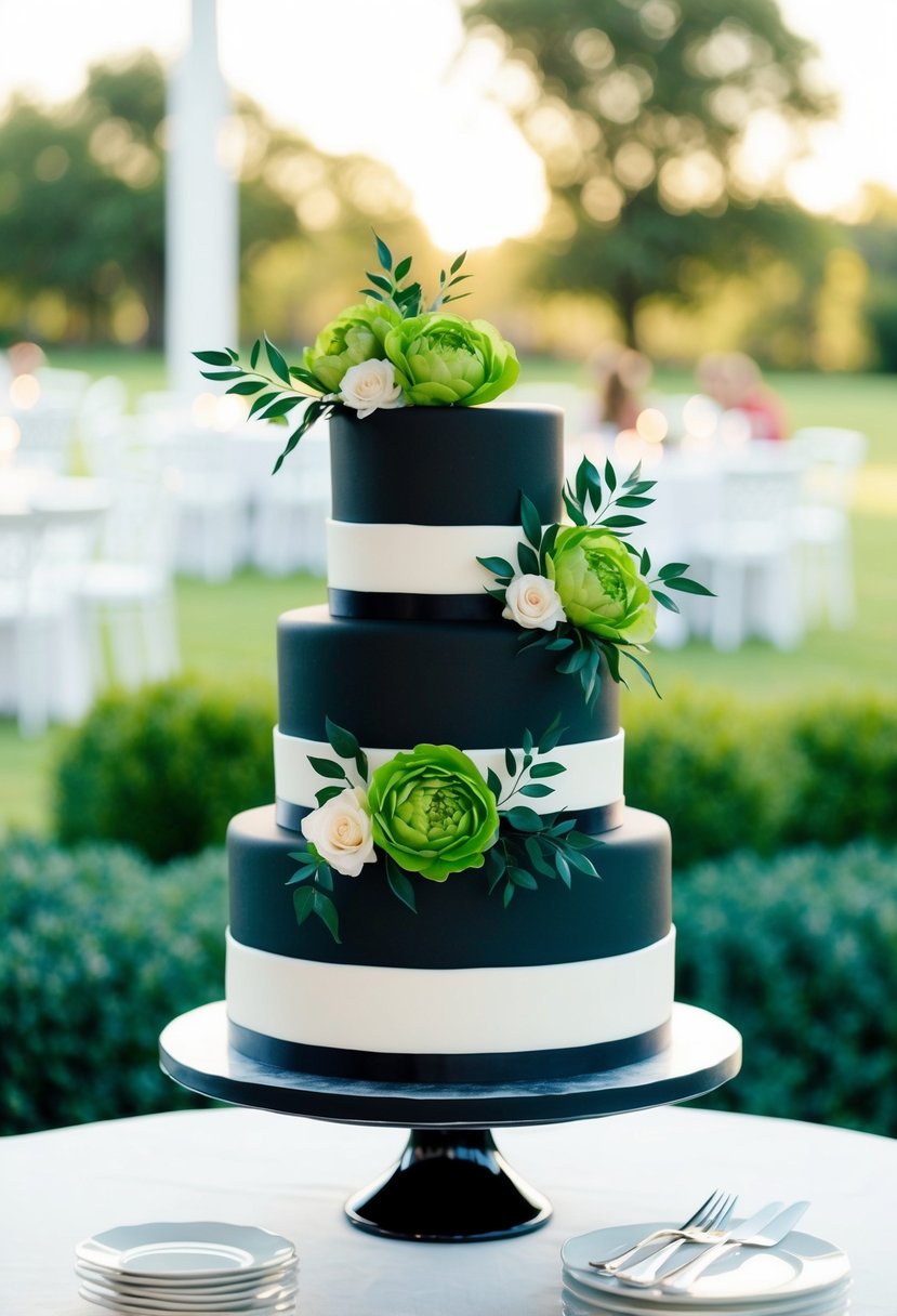 A black and white wedding cake with green floral accents