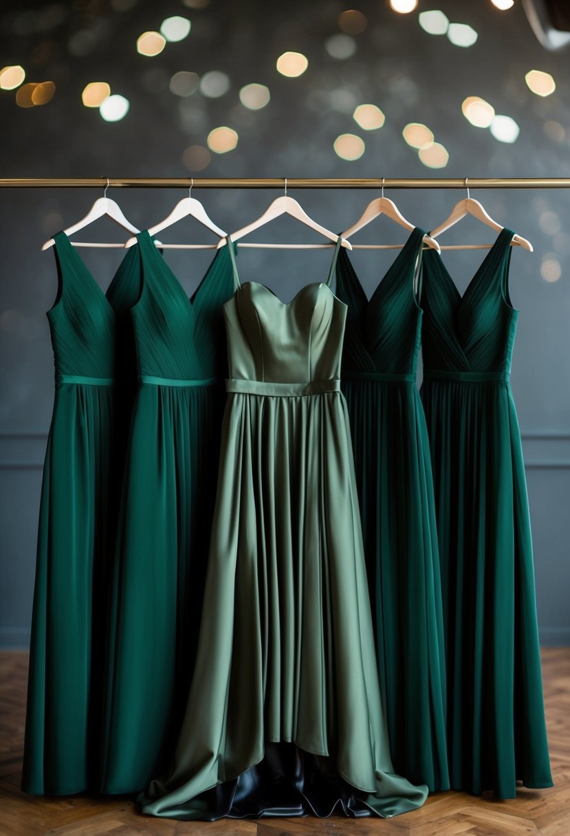 A group of bridesmaid dresses in a deep army green hue, arranged in a stylish and elegant display