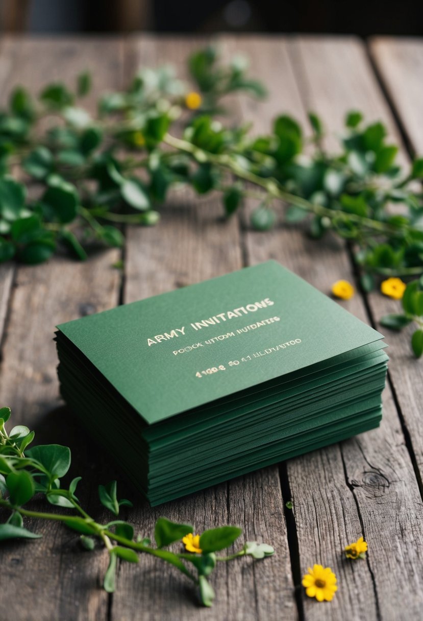 A stack of army green invitations on a rustic wooden table with green foliage and small wildflowers scattered around