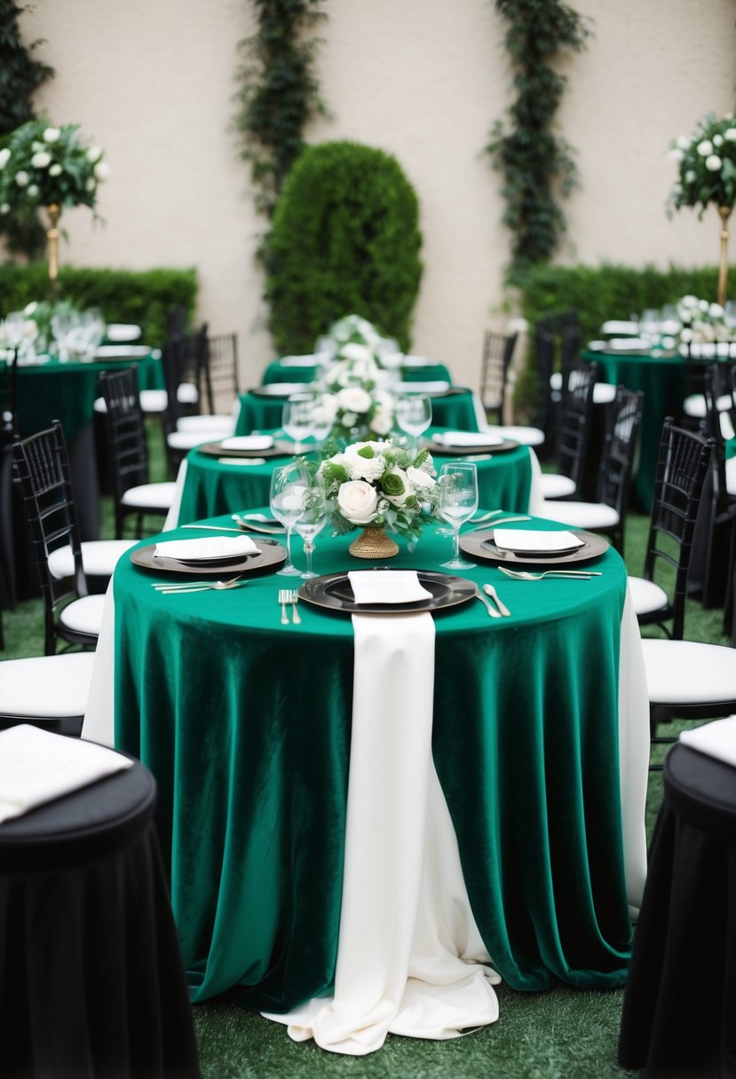 Green velvet tablecloths with black chargers set on a table, surrounded by green and black wedding decor