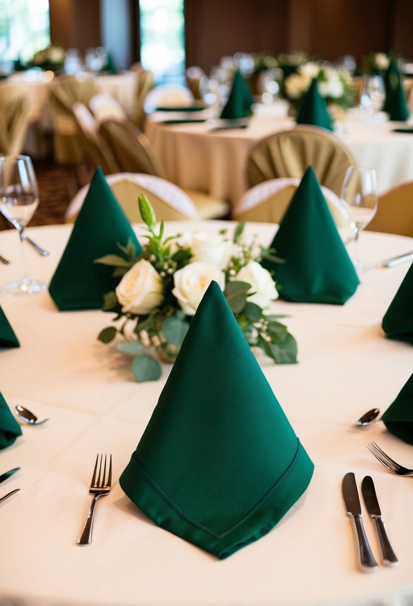 Army green napkins arranged on reception tables with matching tablecloths and floral centerpieces