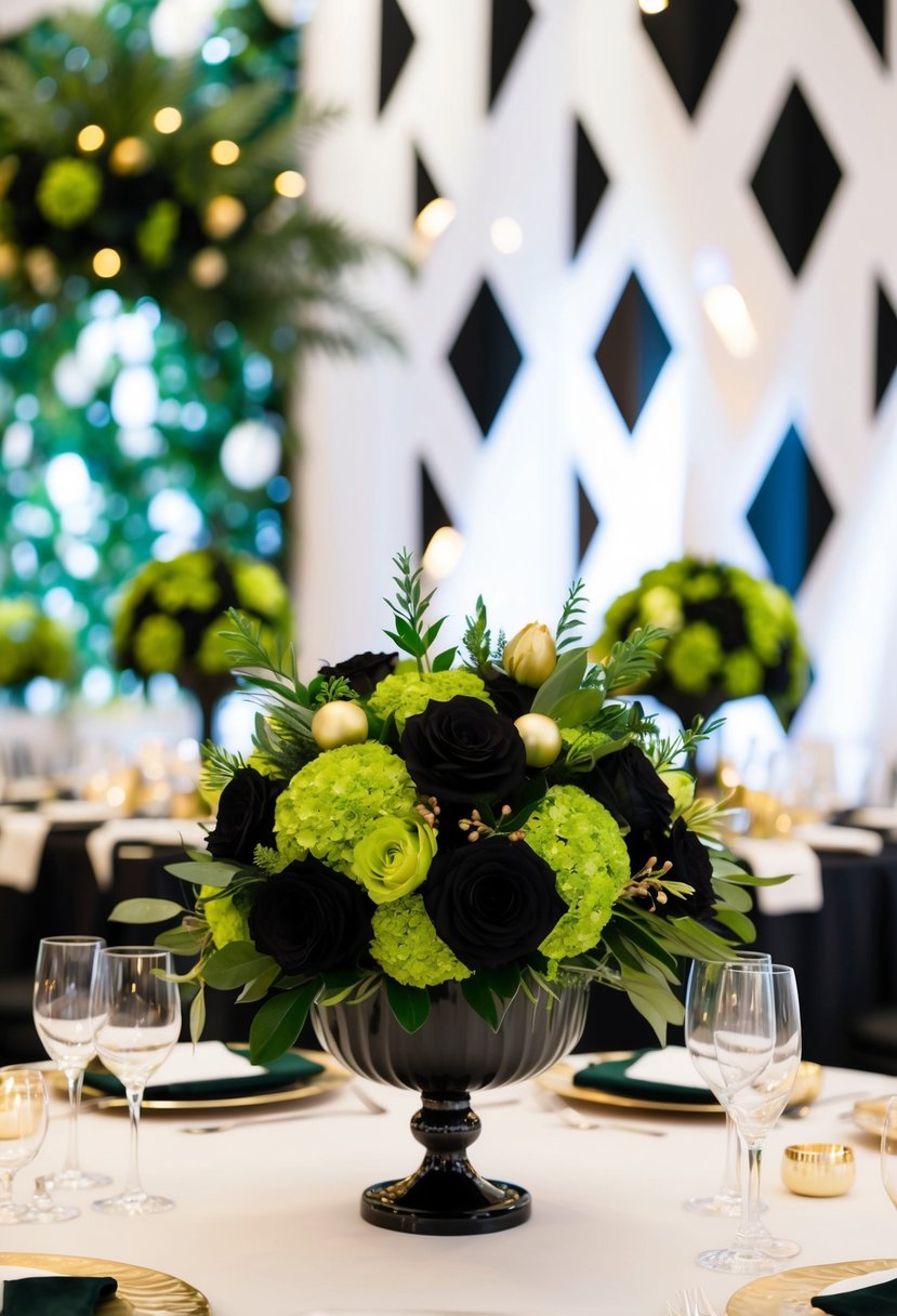 Lush black and green floral centerpieces accented with gold, set against a backdrop of matching wedding decor