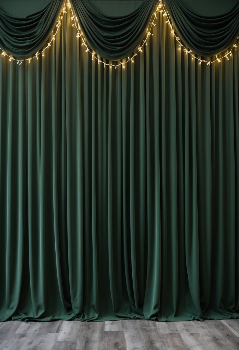 An army green drapery backdrop with cascading fabric and soft lighting