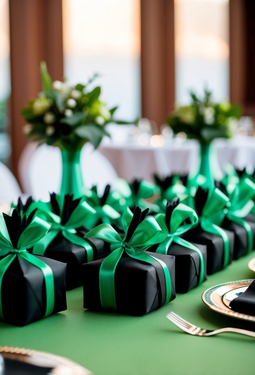 Green and black wedding favors arranged on a table with coordinating decor